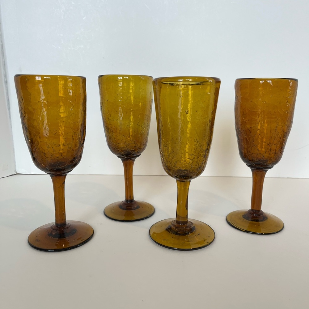 Handblown Amber Glass Wine Glasses with Crackle and Bubble Texture  Set of Four